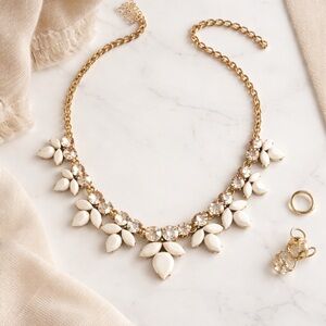 J.Crew Ivory & Gold Statement Necklace Crystal Rhinestone Floral Bib